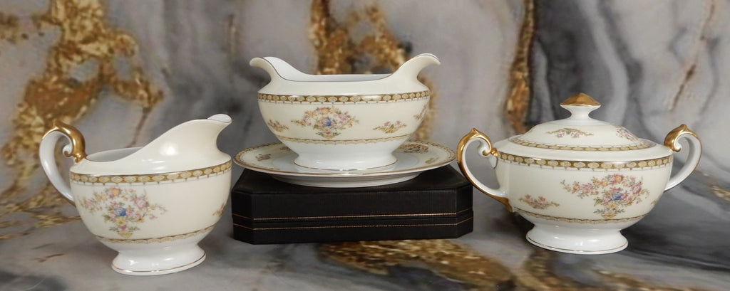 Vintage Royal Embassy China "Fresno" Gravy Boat,Sugar Bowl and Creamer