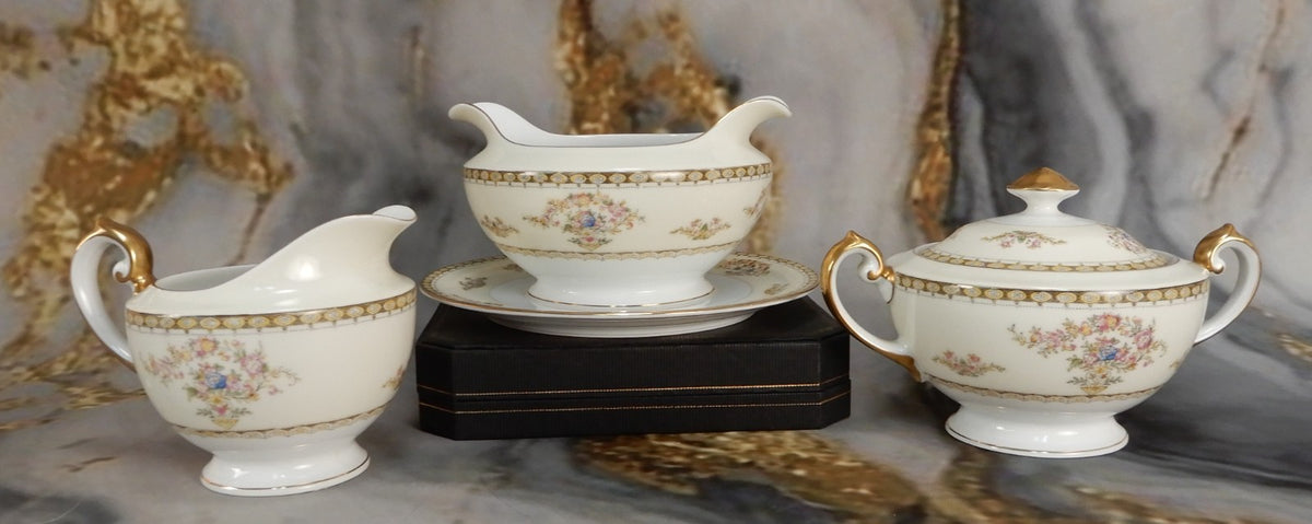 Vintage Royal Embassy China "Fresno" Gravy Boat,Sugar Bowl and Creamer
