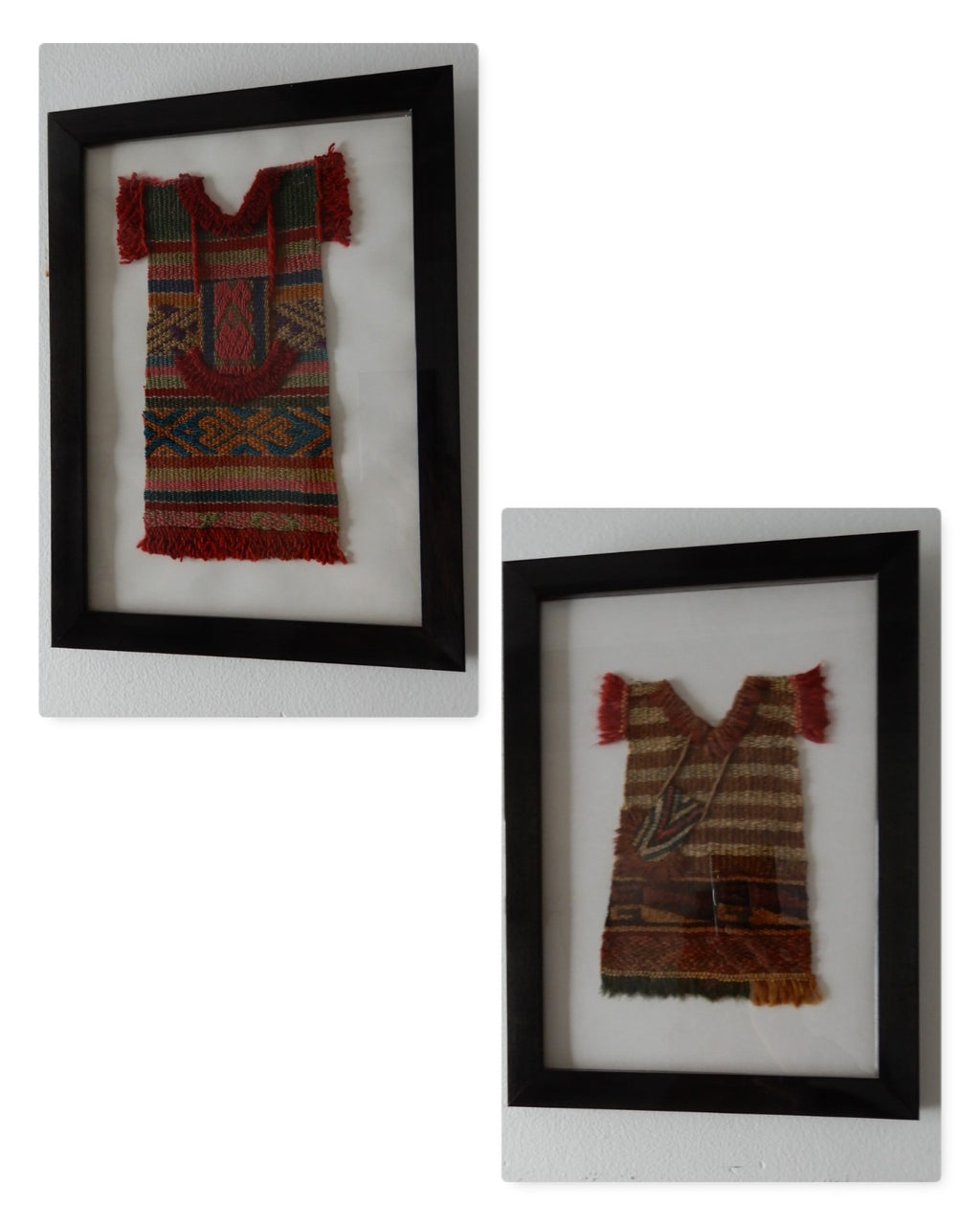 Pair of Precolombian Woven Textile Small Doll Dress Framed 11" X  8"