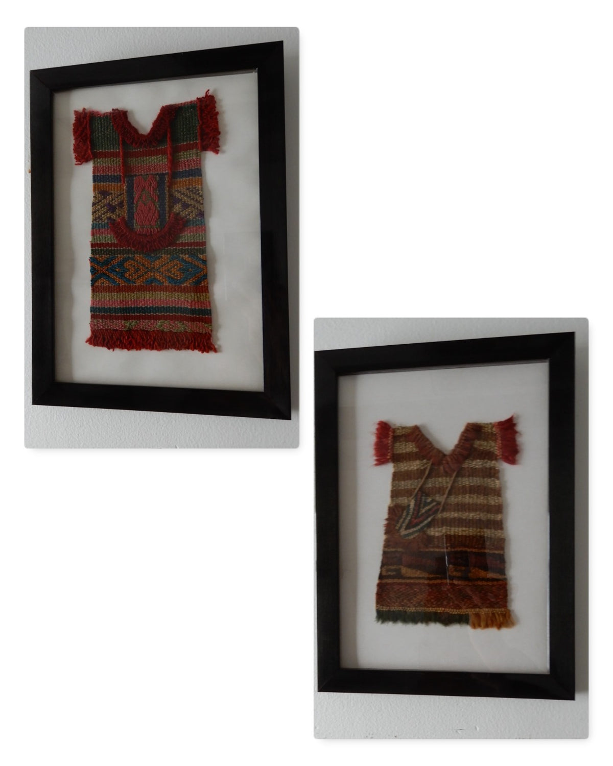 Pair of Precolombian Woven Textile Small Doll Dress Framed 11" X  8"