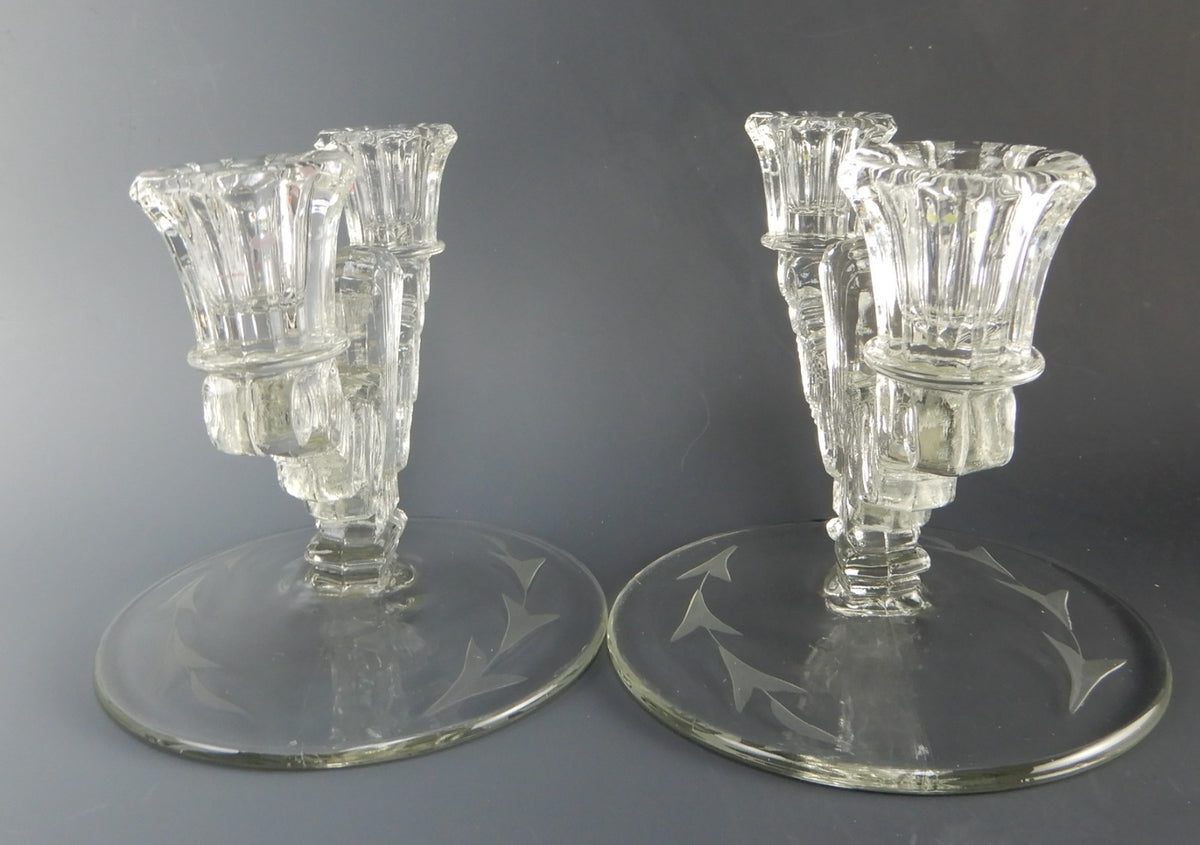 Pair of Paden City Largo Double Light Candle Holders Etch Leaf Base