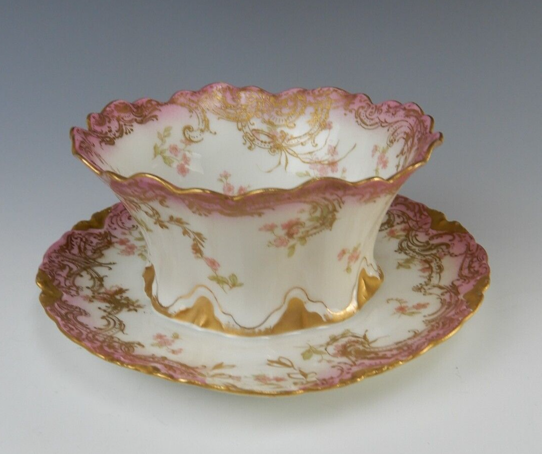 Antique Haviland Limoges Pink Sauce or Mayonnaise Bowl w/ attached Underplate