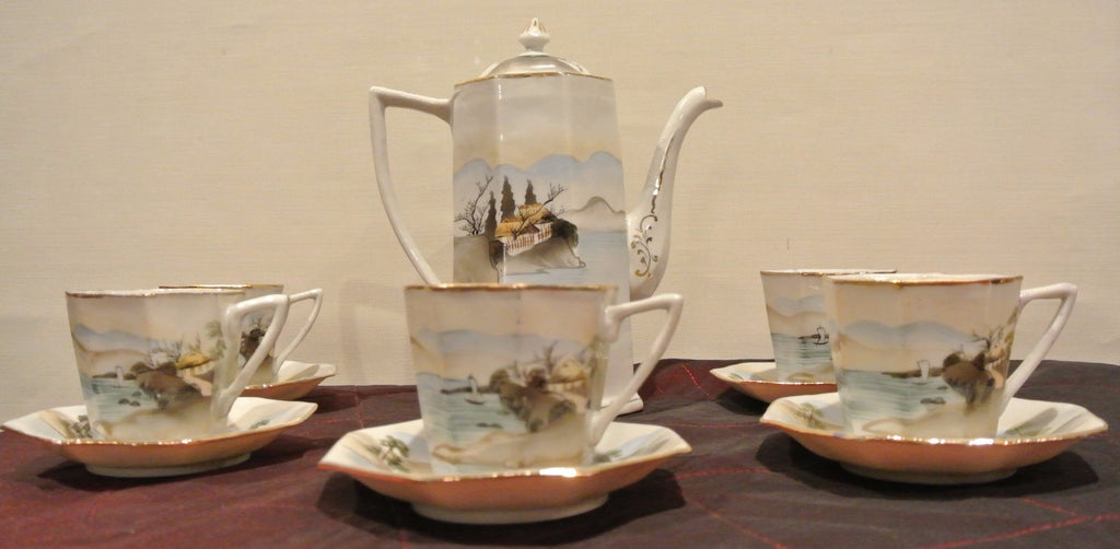 Vintage TE-OH China Tea/Coffee Pot w/ 5 Cups and Saucers Hand Painted Oriental