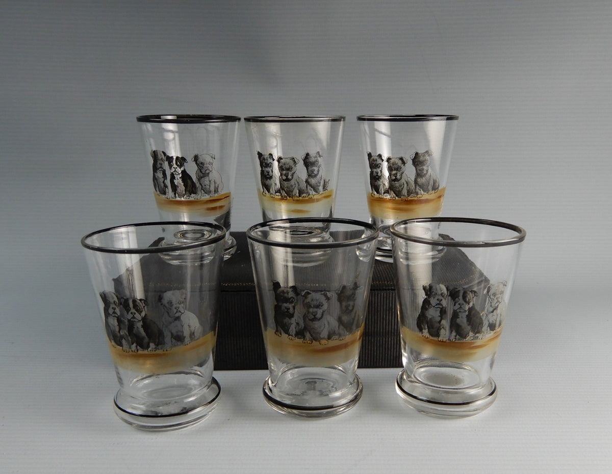 Vintage set of Six 3 oz Shot Glasses with Puppy Dogs
