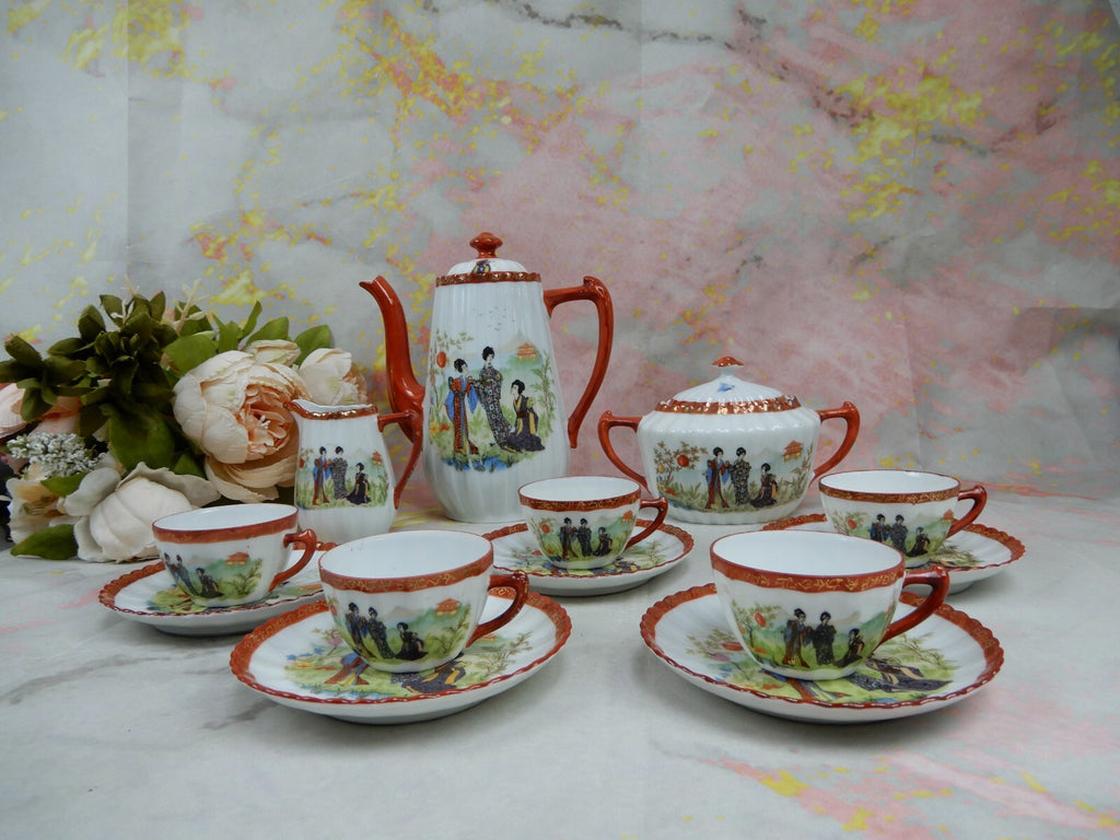 Vintage Children's Pot,Sugar Bowl,Creamer,5 Cups and Saucers w/ Geishas Red Mark
