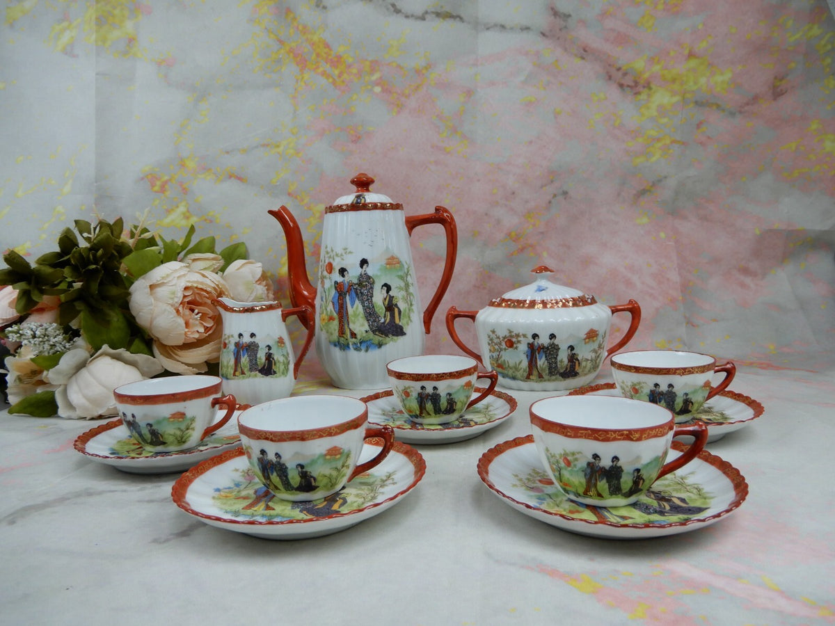 Vintage Children's Pot,Sugar Bowl,Creamer,5 Cups and Saucers w/ Geishas Red Mark