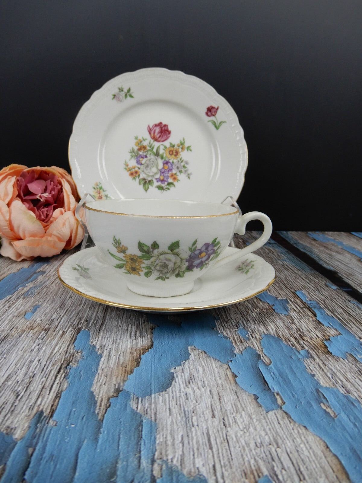 Vintage " Bouquet" Europa Fine Porcelain Trio Made In Czechoslovakia