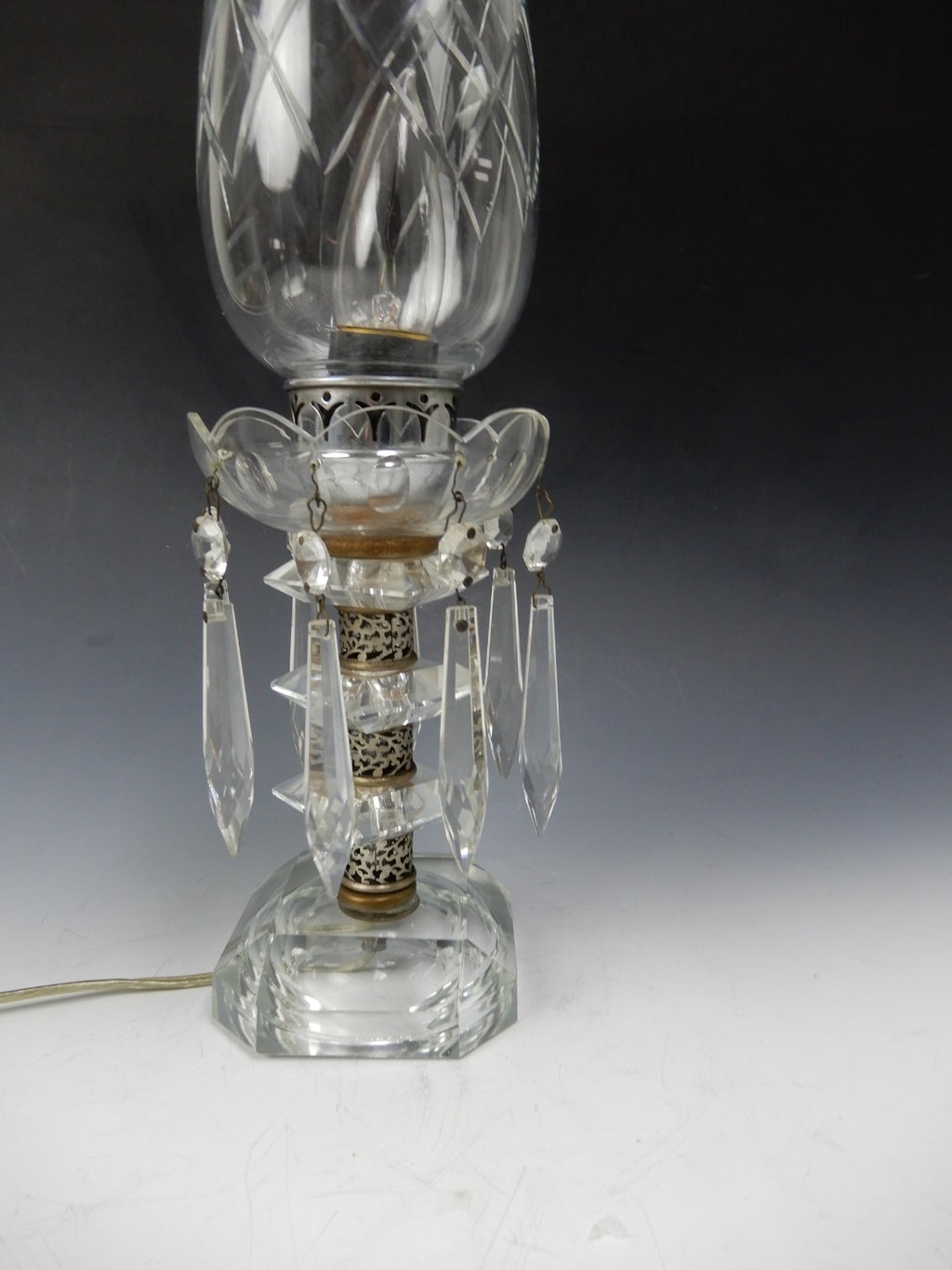 Vintage Crystal Boudoir Table Lamp W/Hanging Prisms and Flicker Flame  Bulb