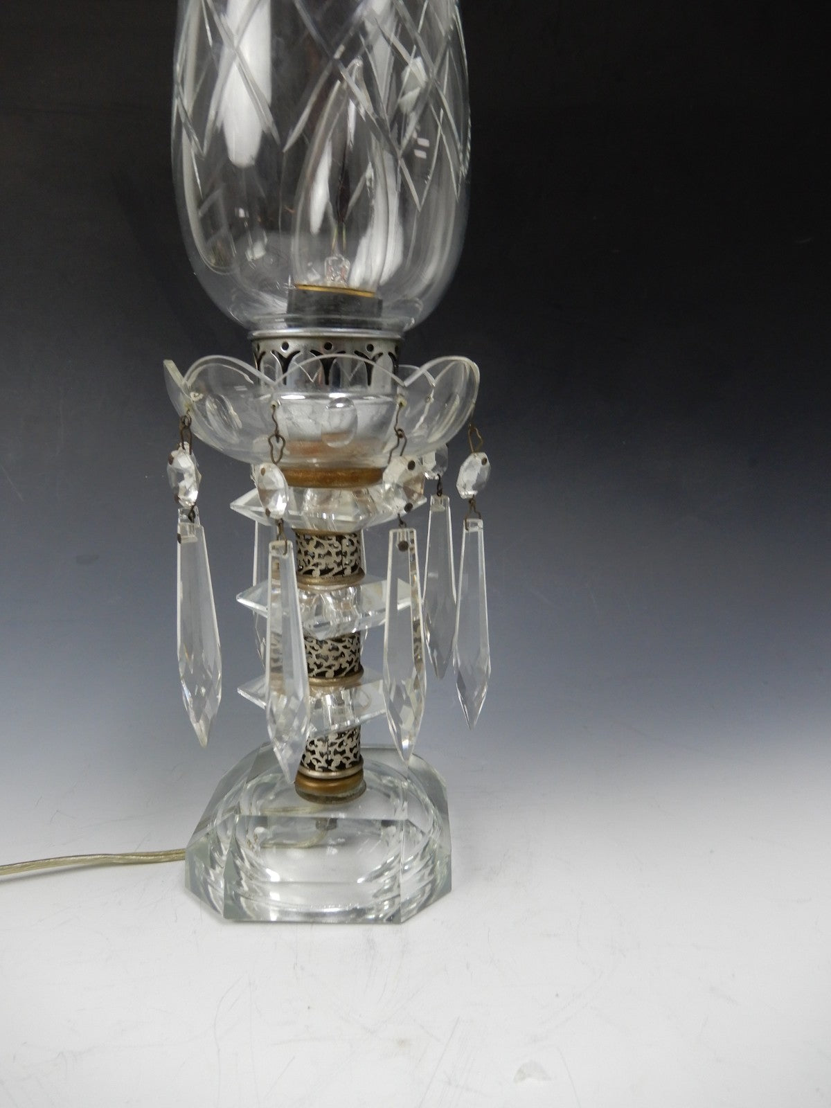 Vintage Crystal Boudoir Table Lamp W/Hanging Prisms and Flicker Flame  Bulb
