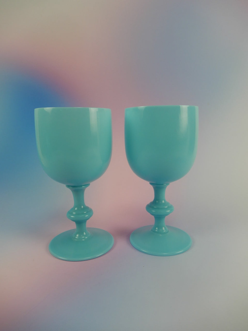 Pair of Vtg Portieux Vallerysthal Blue Opaline Glass Goblets France 14oz