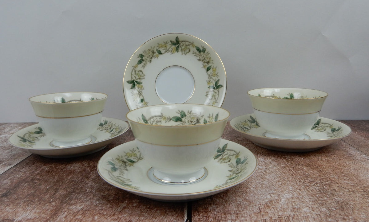 Vintage Noritake Morimura 5020 White Rose and Leaf Set of 3 Cups and Saucers