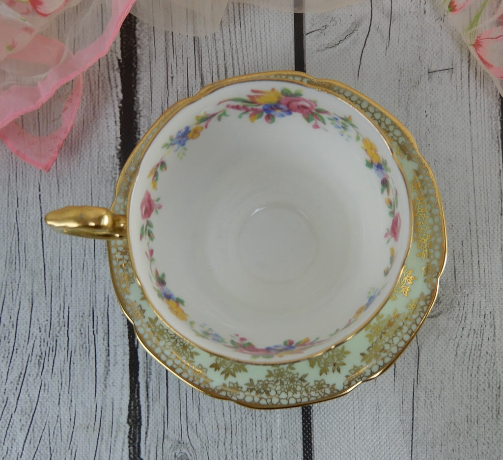 Paragon Double Warrant Mint Green Gold Filigree Tea Cup & Saucer