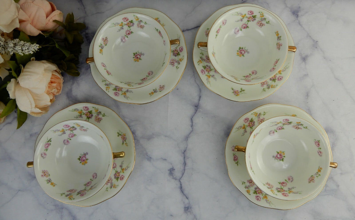 4 Baronet "Silvia" Made in Bohemia Czechoslovakia Soup Cups & Saucers