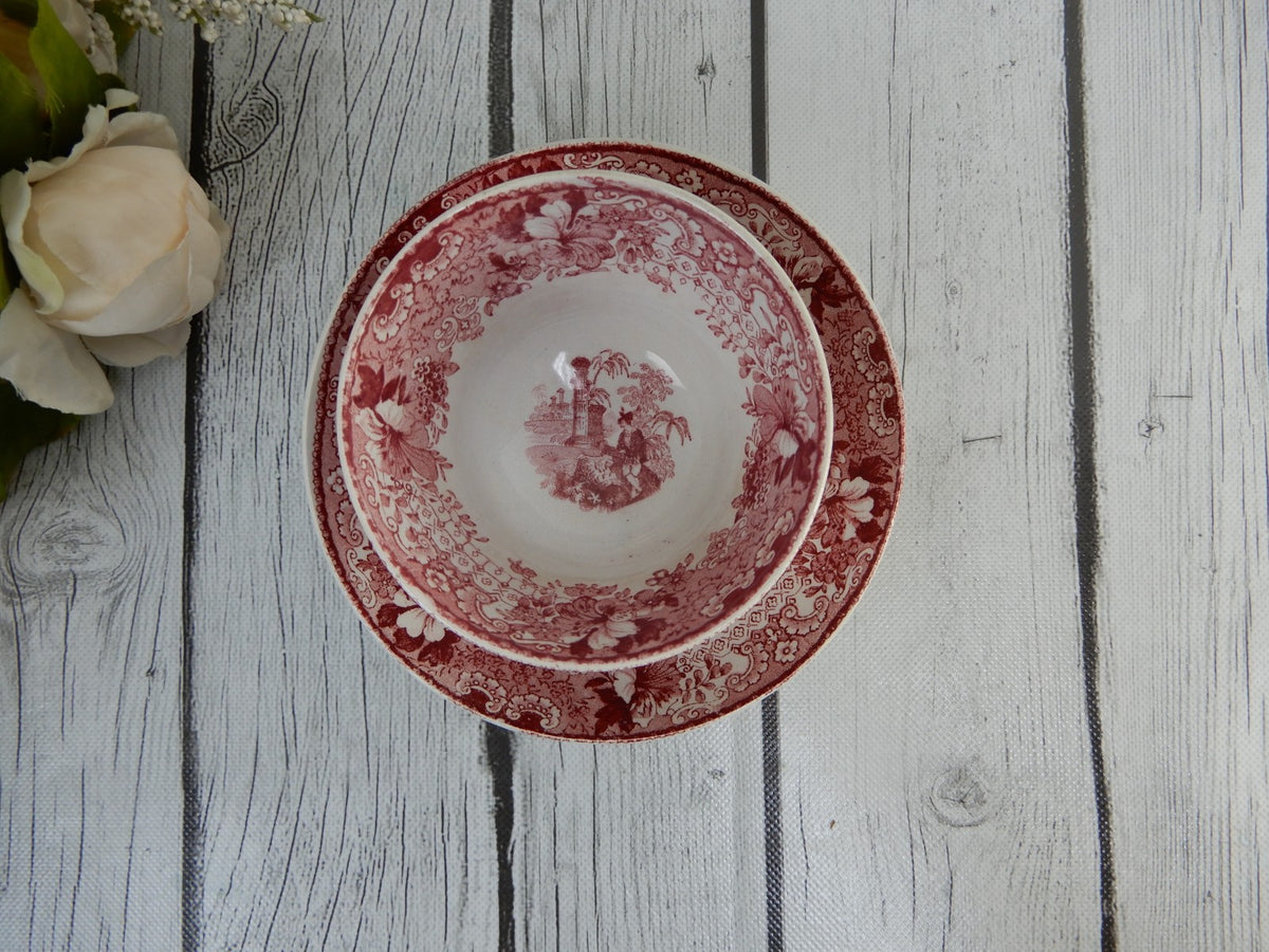Corinth Pattern Cramberry Red Transferware Handleless Cup and Saucer