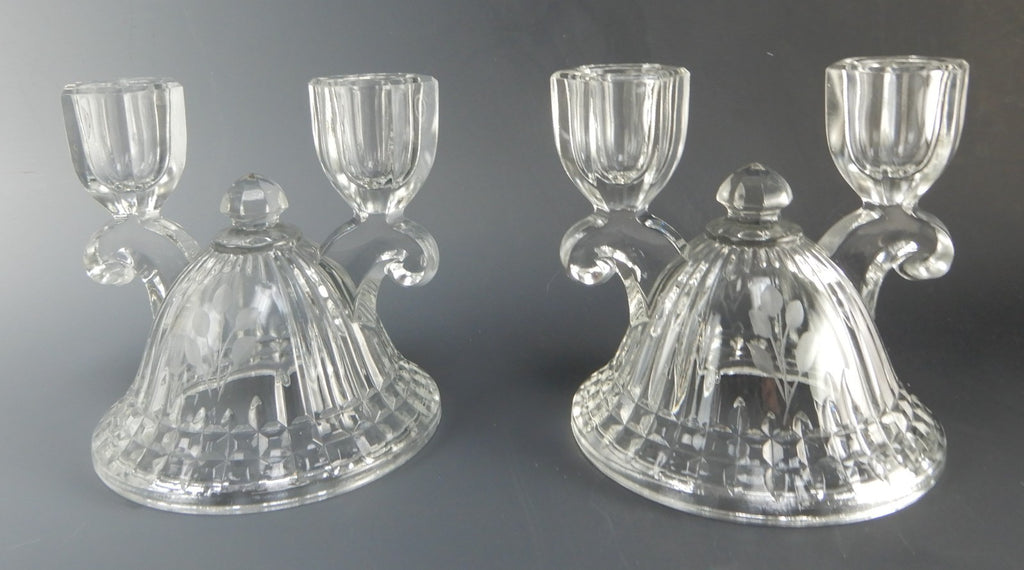 Pair of Imperial Glass Ohio Double Light Candle Holders Etched