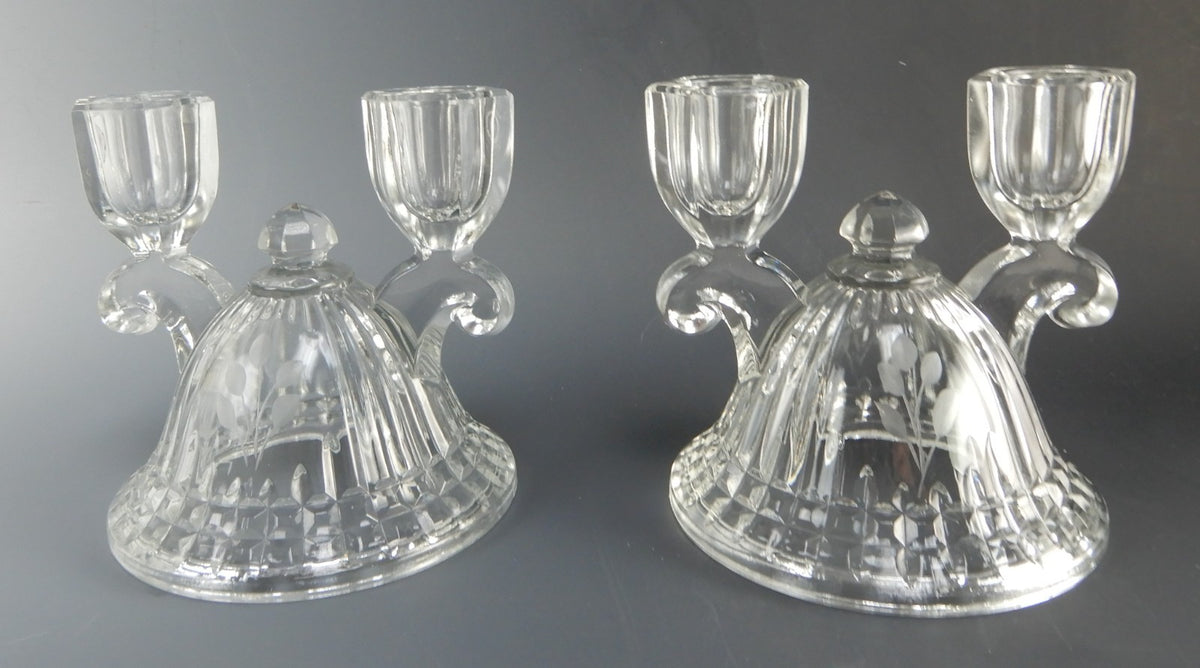 Pair of Imperial Glass Ohio Double Light Candle Holders Etched
