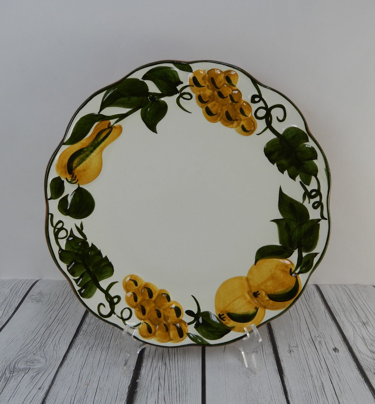 Vintage 12-1/4" Round Cake Plate Hand Painted STANGL "Sculptured Fruit" Pattern