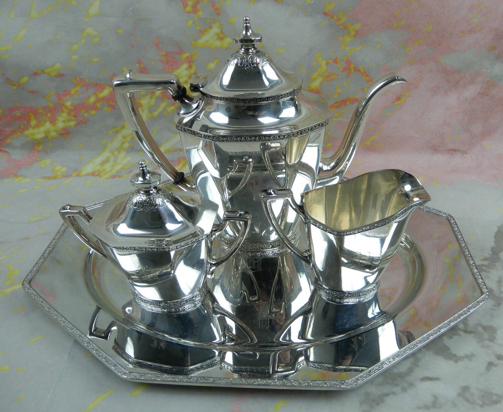 Andover Silver Plated Coffee Pot, Creamer, Sugar Bowl with Tray