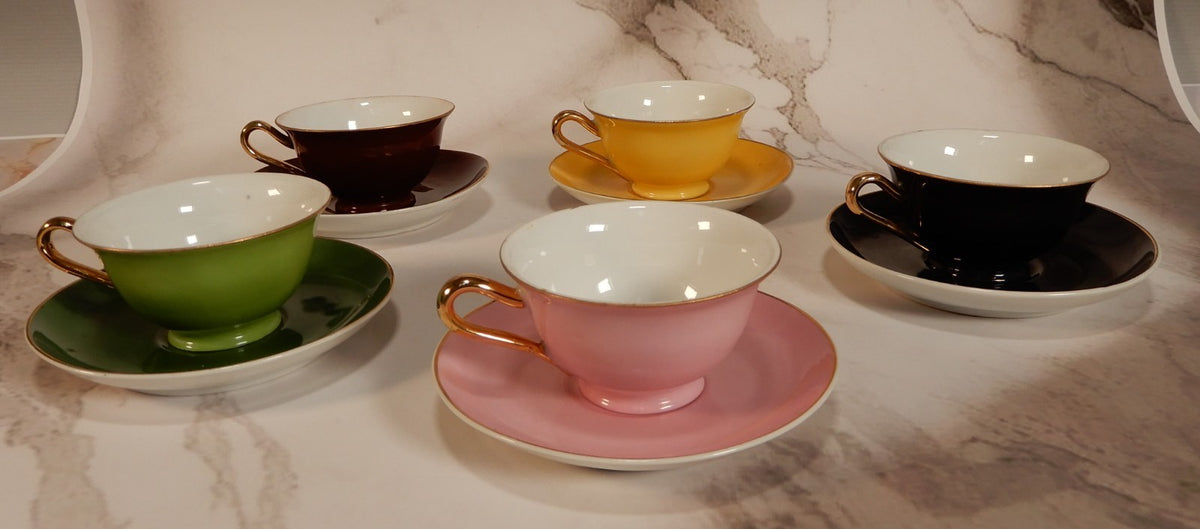 Antique Elbogen Czechoslovakia Set of Five Demitasse Cups and Saucers