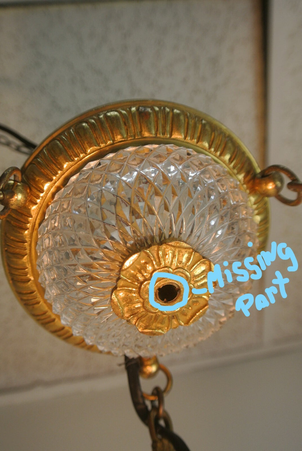 Vintage French Brass Ceiling Fixture Chandelier with Cut Glass Crystal Body