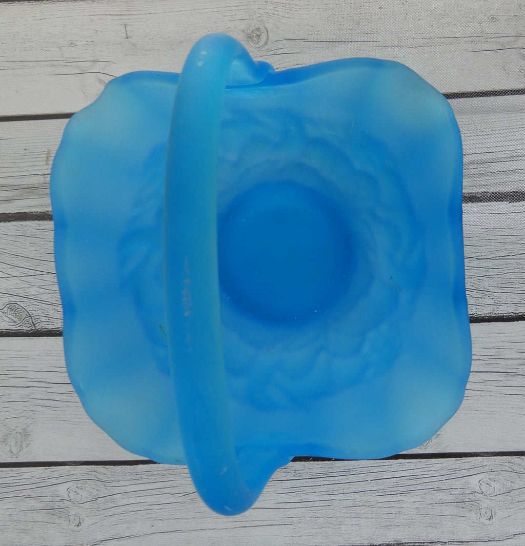 Vintage Fenton Blue Satin Glass Fruit Basket with Handle, 11-1/2” x 8” x 8-1/2”