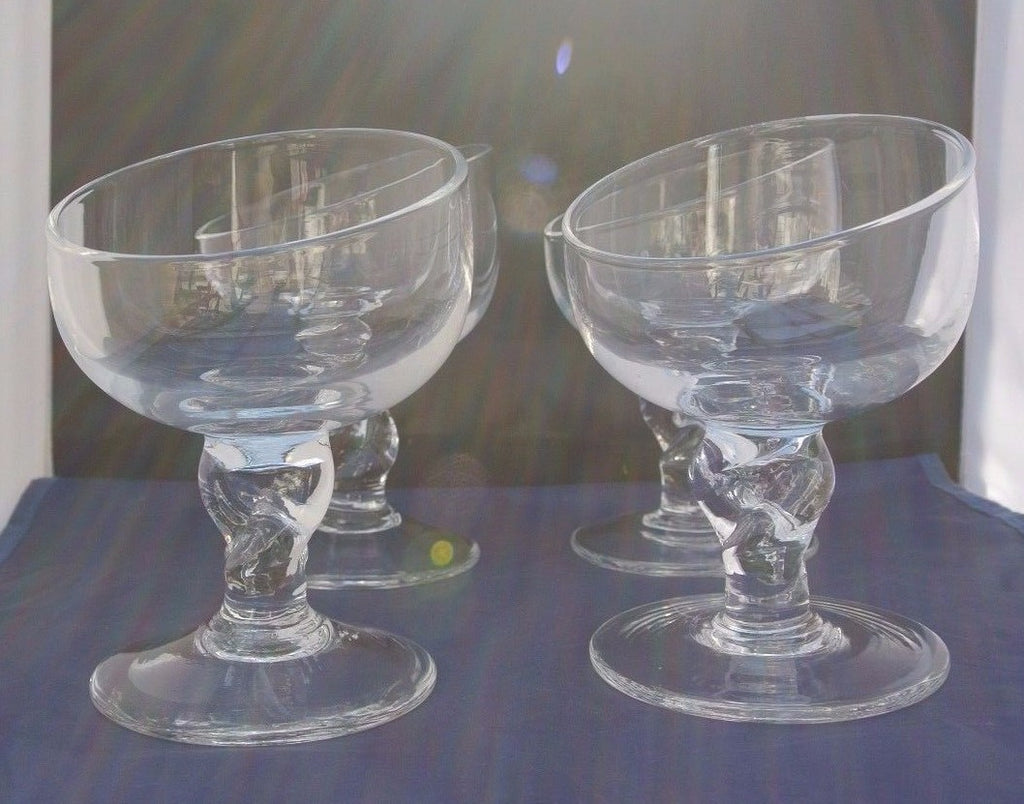 (4) Unique Shape Hand Blown Clear Glass Ice Cream Sundae, Margarita Glasses