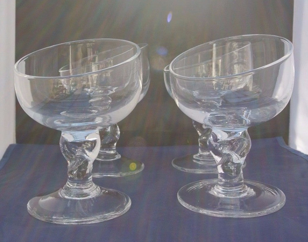 (4) Unique Shape Hand Blown Clear Glass Ice Cream Sundae, Margarita Glasses