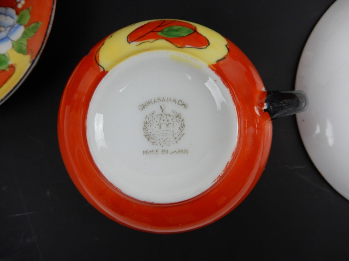 Set of 6 Chikaramachi Japan Hand Painted Bird Asian Florals Cup and Saucer