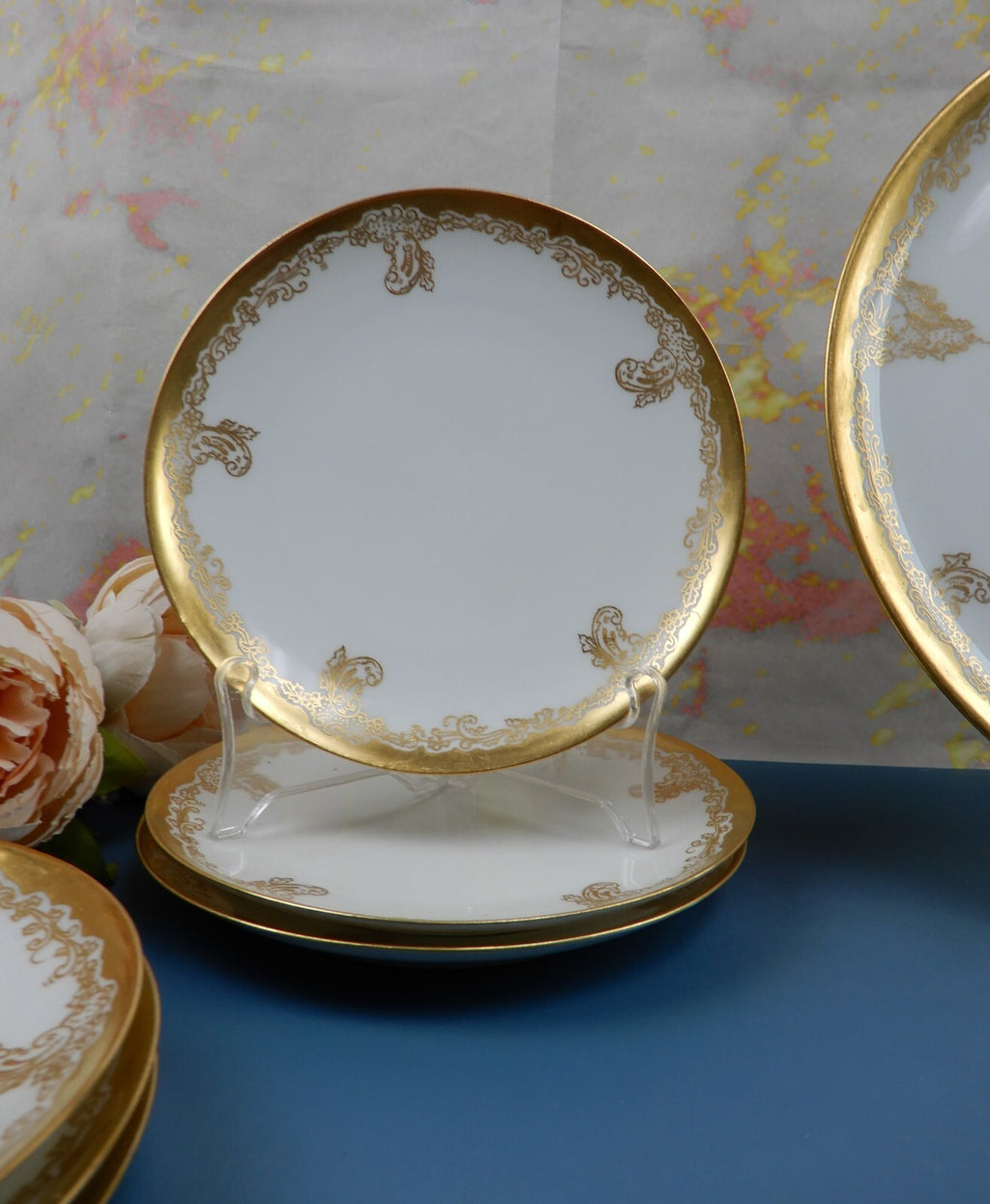 Antique Haviland France Gold Rim Cake Plate and 6 Dessert Plates
