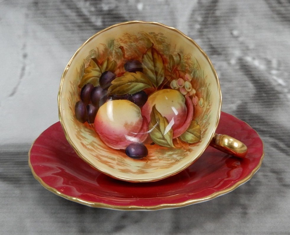Vintage Aynsley "Orchard Fruit" England, Burgundy Cup, and Saucer Signed D.Jone