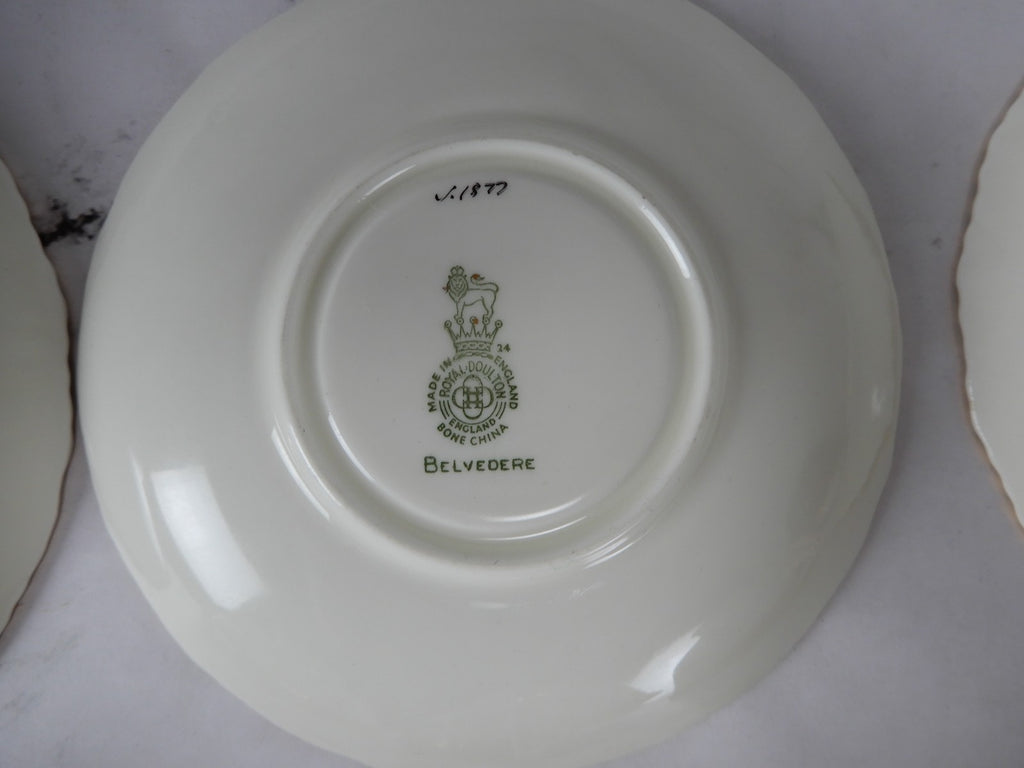 2 Royal Doulton Bone China "Belvedere V1877 "Handled Cream Soup Bowls w/ Saucers