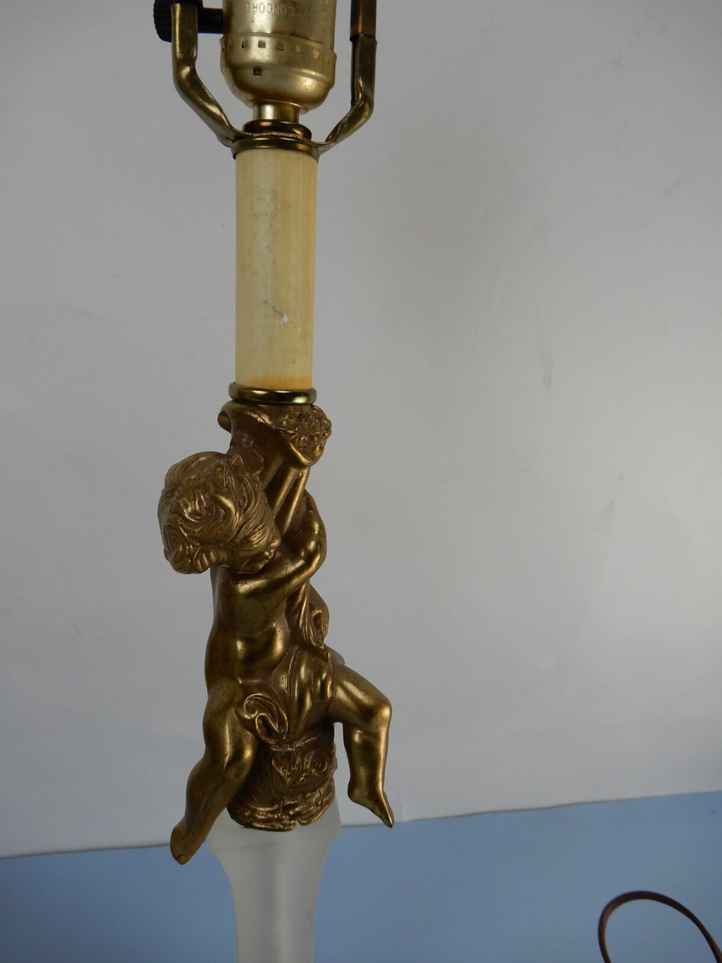 Vintage Tall Cherub Brass and Frosted Glass 3- Way Table Lamp