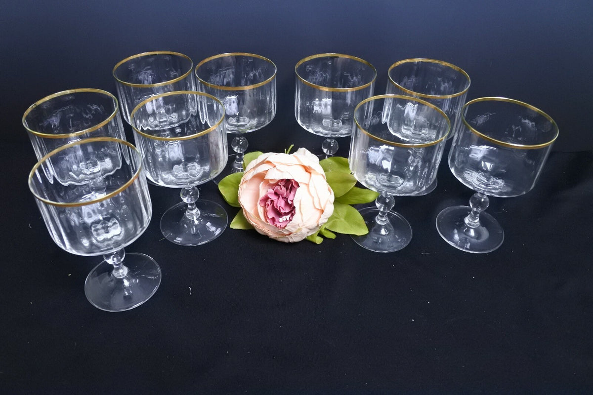 Lot Of 9 Ribbed Gold Rimmed Sherbet /Champagne Glasses Marked AC