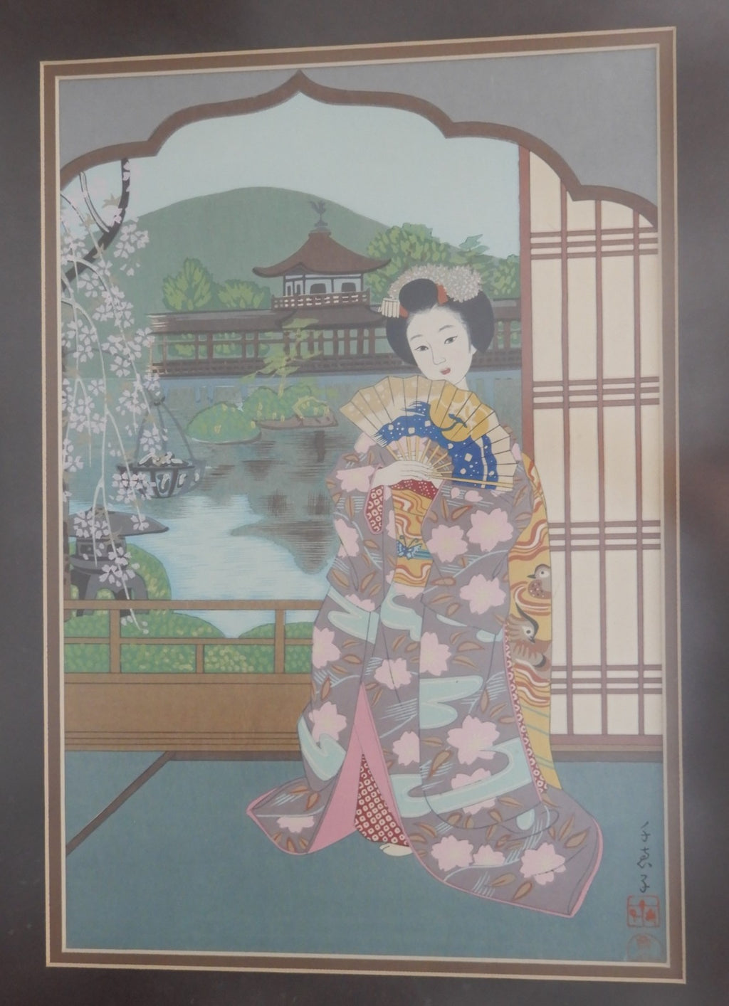 Vtg. Framed Maiko and Byodoin Print in Fuki-bokashi Woodwork Japanese Technique