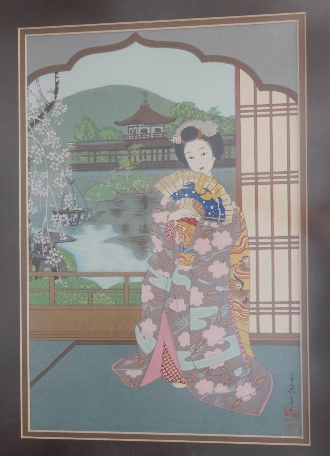 Vtg. Framed Maiko and Byodoin Print in Fuki-bokashi Woodwork Japanese Technique