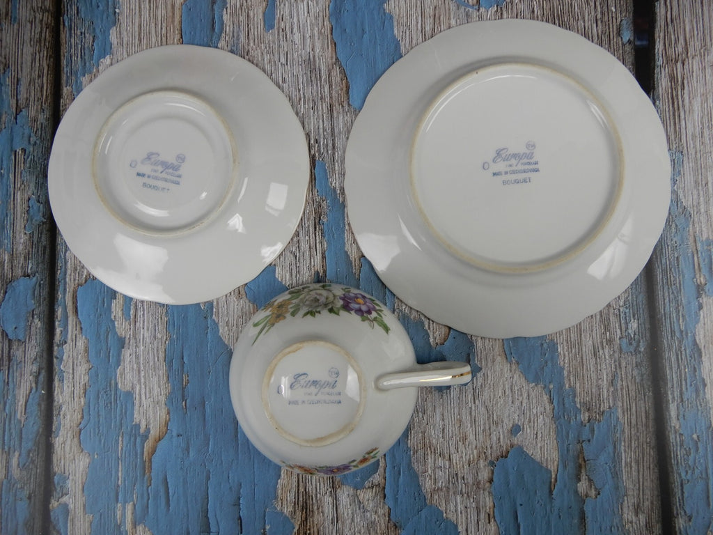 Vintage " Bouquet" Europa Fine Porcelain Trio Made In Czechoslovakia