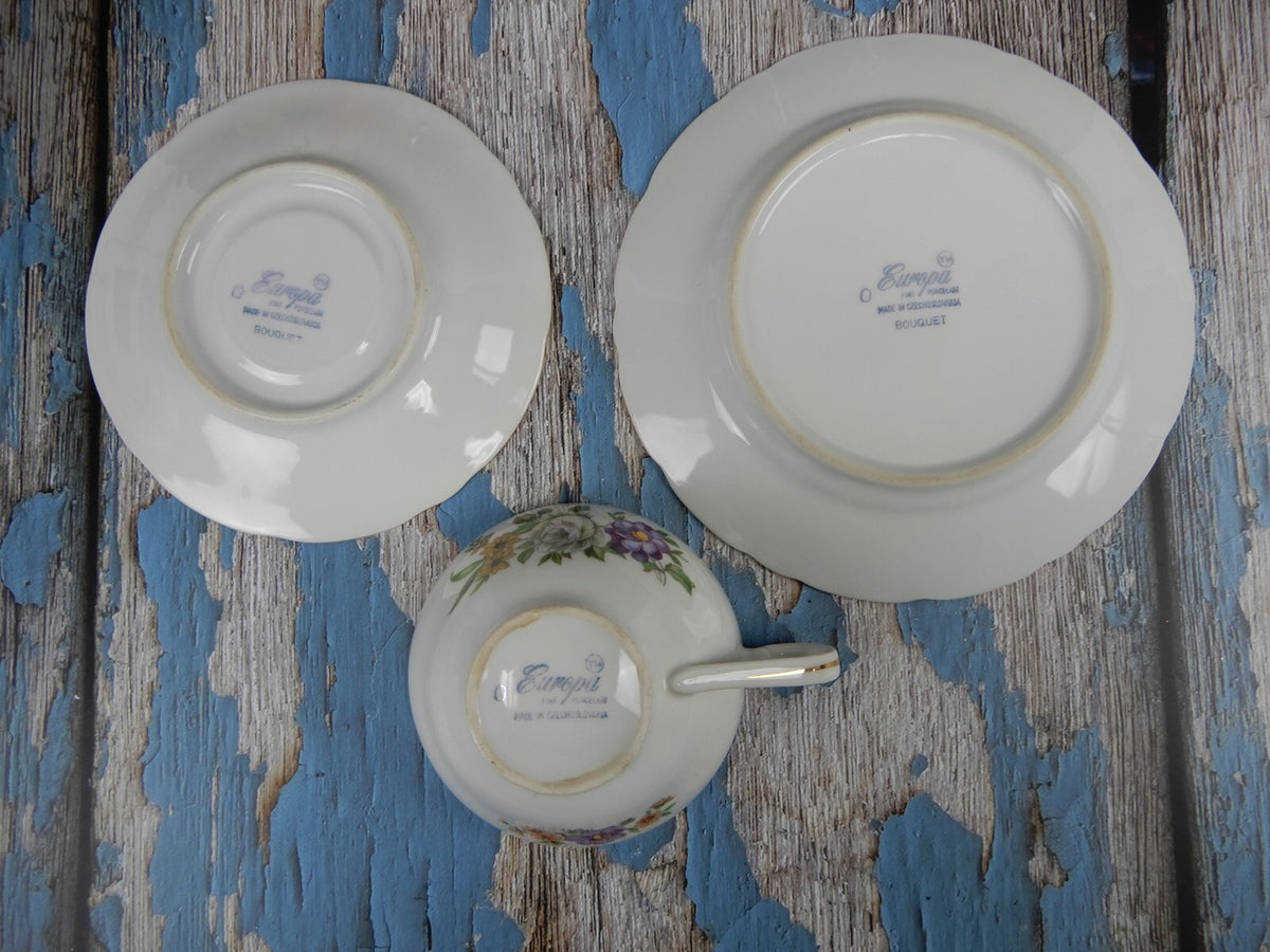 Vintage " Bouquet" Europa Fine Porcelain Trio Made In Czechoslovakia