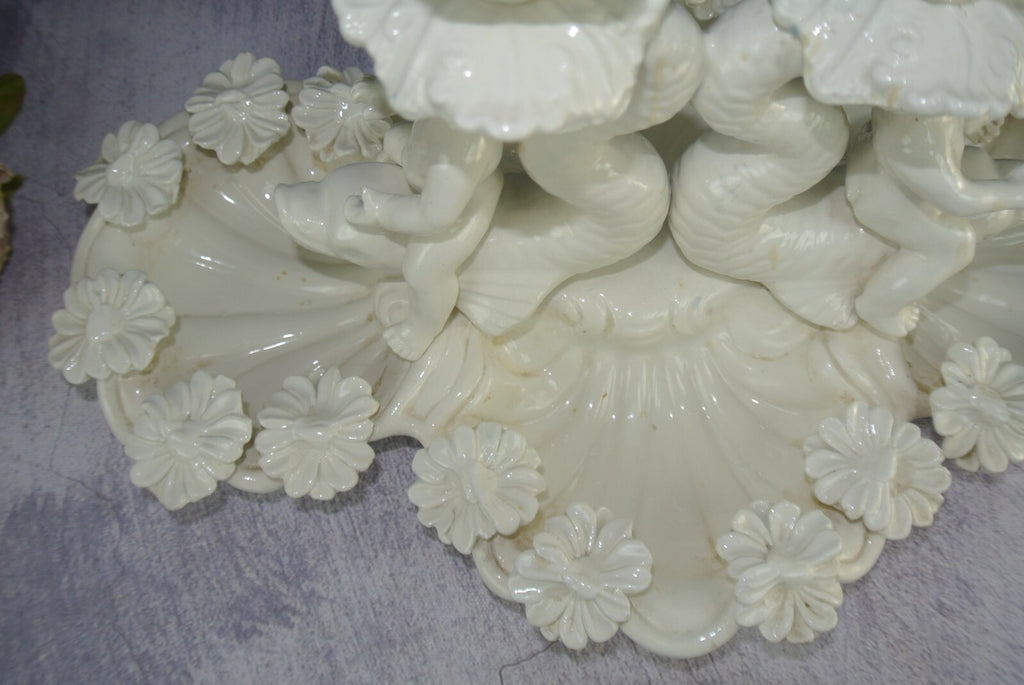 Ceramic Double Candlebra Clamshell Base Baby Cherub Babies Sitting on Dolphins