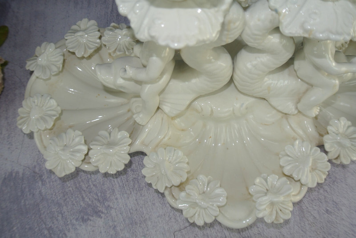 Ceramic Double Candlebra Clamshell Base Baby Cherub Babies Sitting on Dolphins