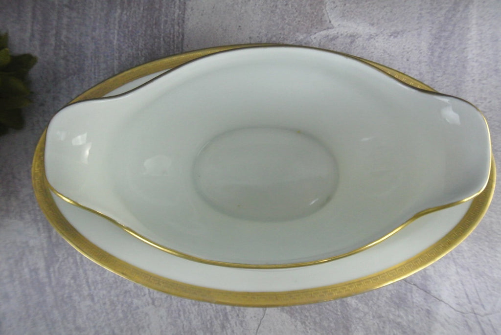 Vintage O&EG Royal Austria Greek Key Gold Trim Gravy Boat W/ Underplate