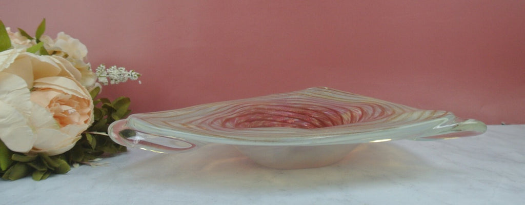 Murano Spiral Flat Bowl Hand Blown Glass Bowl in Pink, Gold Glitter No mark