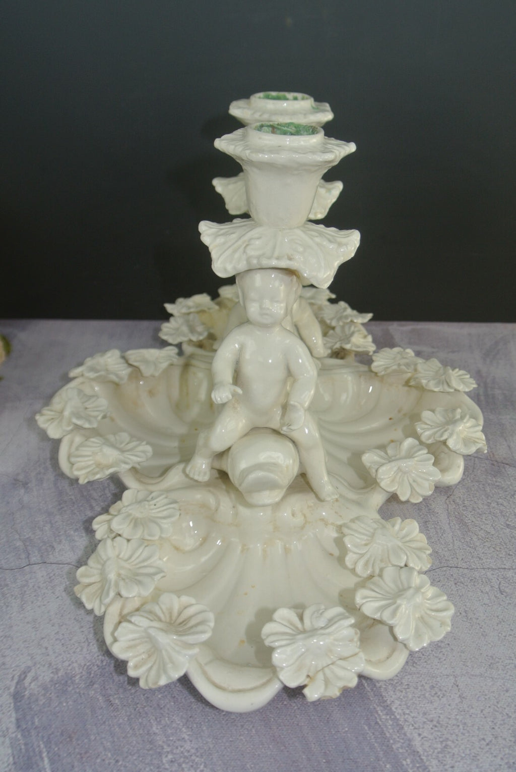 Ceramic Double Candlebra Clamshell Base Baby Cherub Babies Sitting on Dolphins