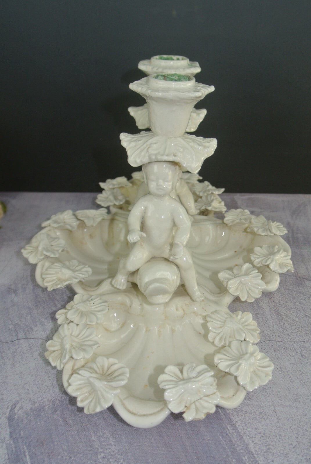 Ceramic Double Candlebra Clamshell Base Baby Cherub Babies Sitting on Dolphins