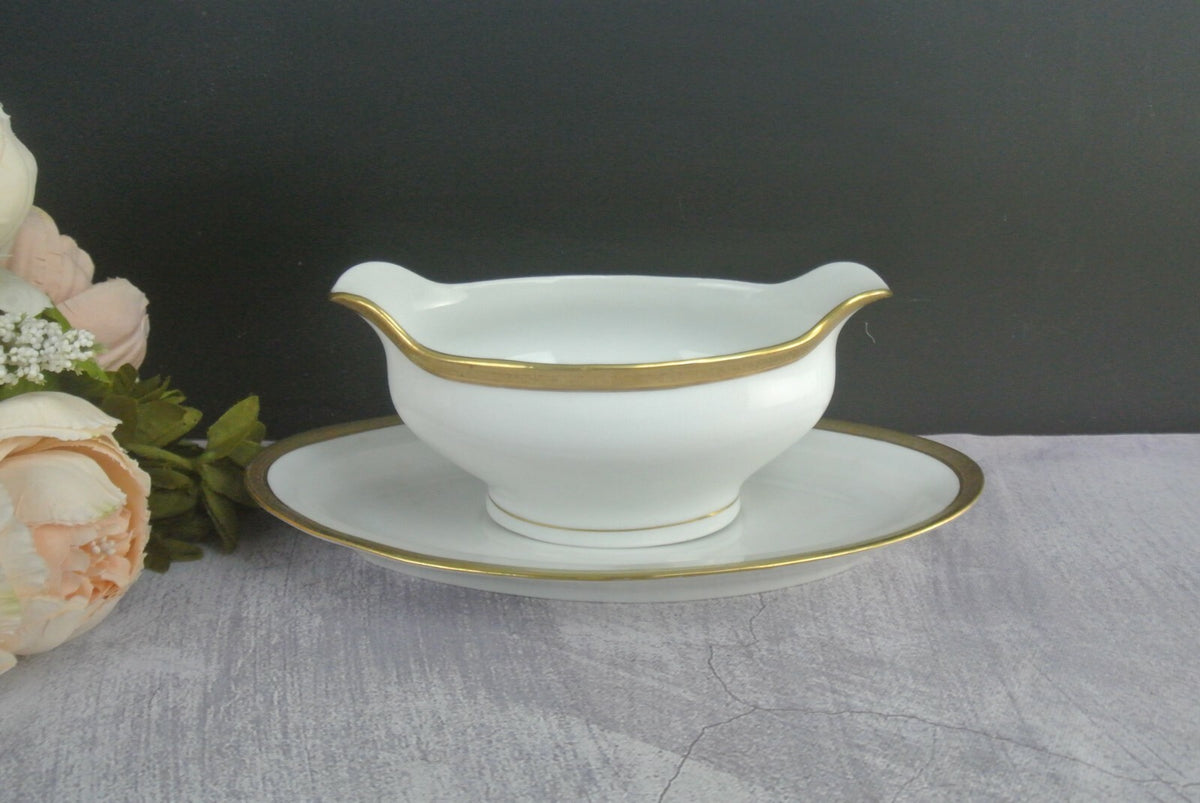 Vintage O&EG Royal Austria Greek Key Gold Trim Gravy Boat W/ Underplate
