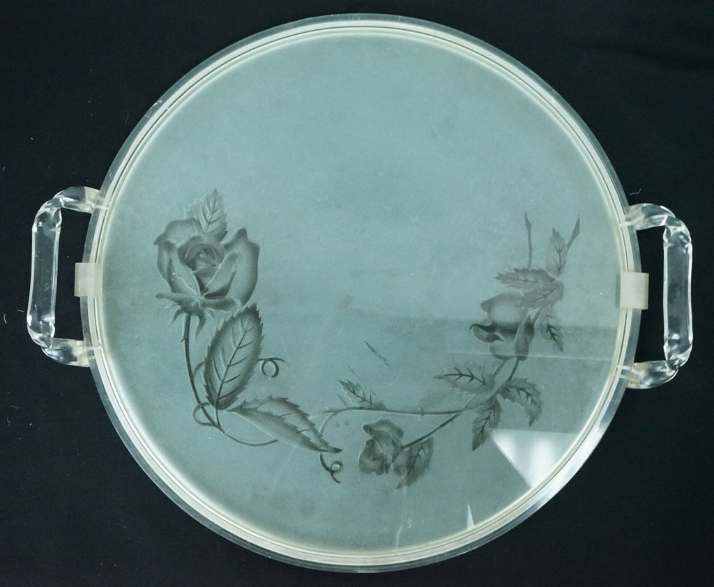 Vintage Round Rose Etched Glass & Lucite Serving Tray  18"x 16''