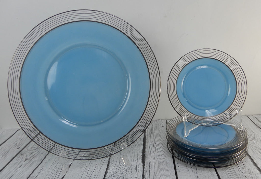 Set of Silver Rim Glass Blue Color Cake Plate and 8 Piece 7-1/2" Dessert Plates