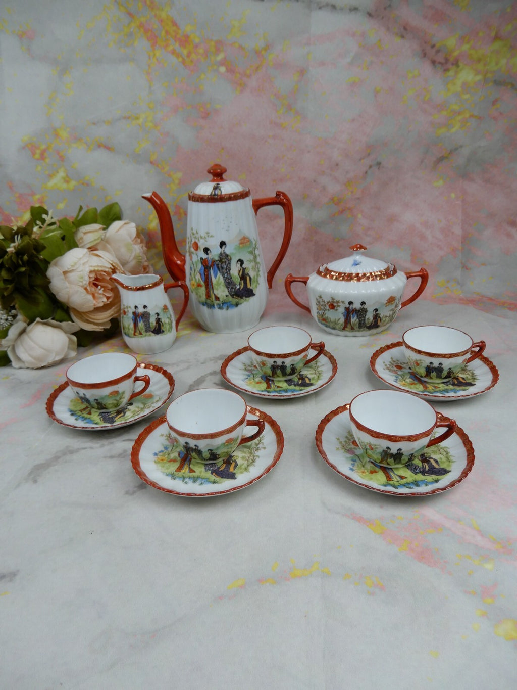 Vintage Children's Pot,Sugar Bowl,Creamer,5 Cups and Saucers w/ Geishas Red Mark