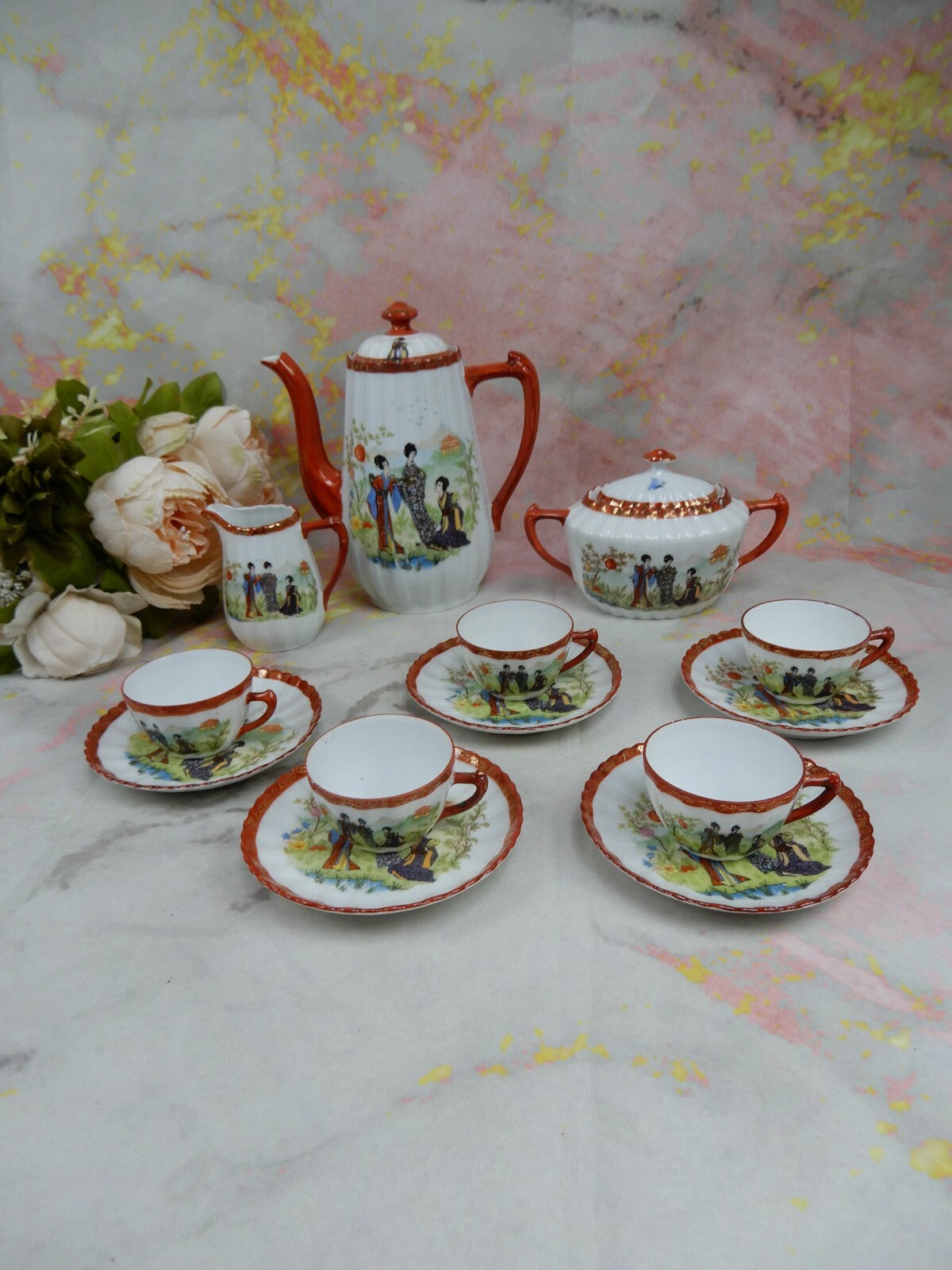 Vintage Children's Pot,Sugar Bowl,Creamer,5 Cups and Saucers w/ Geishas Red Mark
