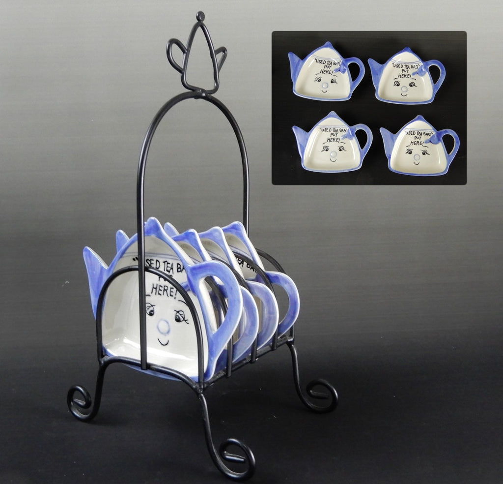 Vintage Ceramic Tea Bag Holders (4pc) with Caddy – Tea Pot Shape Rest
