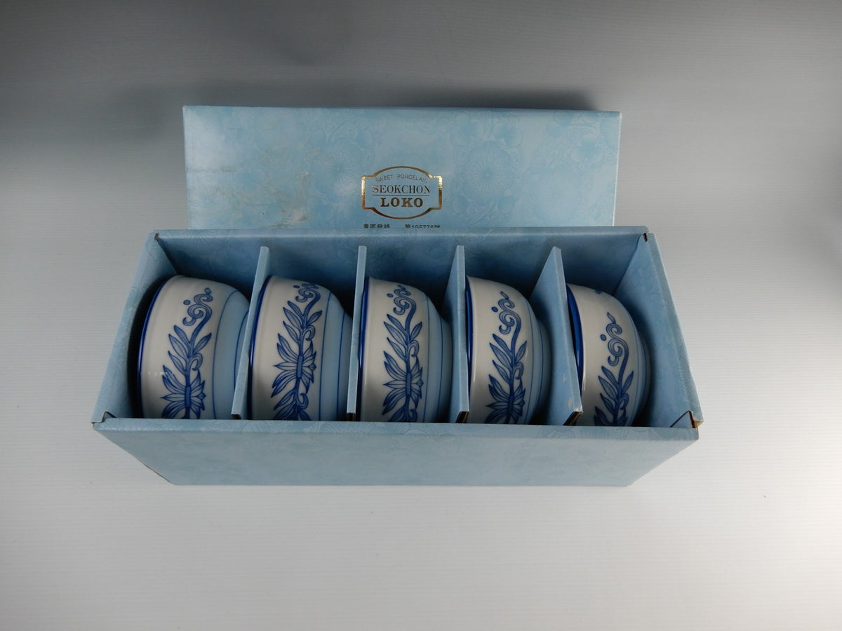 Set of Five SEOKCHON LOKO Sweet Porcelain Rice Bowls Vine Gray Cobalt Blue